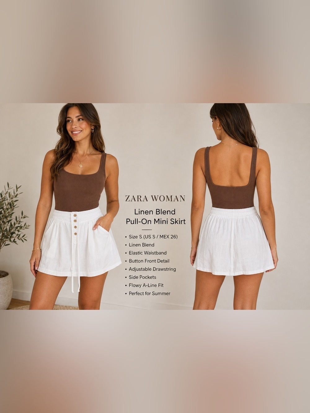 Zara Woman White Linen Blend Pull-On Mini Skirt | Size S